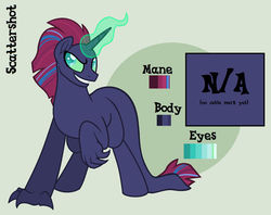 Size: 600x474 | Tagged: safe, artist:sinamuna, oc, oc only, oc:scattershot, longma, pony, unicorn, claws, evil smile, grin, male, next generation, nextgen:sinverse, offspring, parent:tempest shadow, parent:unknown, reference sheet, smiling, solo