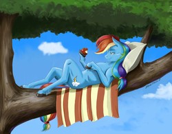 Size: 1400x1094 | Tagged: safe, artist:baron engel, part of a set, applejack, rainbow dash, earth pony, semi-anthro, g4, anatomically incorrect, apple, arm hooves, concave belly, cutie mark swap, female, food, incorrect leg anatomy, lying down, mare, missing accessory, on back, palette swap, pillow, recolor, slender, smiling, solo, thin, tree, tree branch