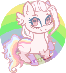 Size: 557x620 | Tagged: safe, artist:t-aroutachiikun, oc, oc only, earth pony, pony, chibi, female, heart eyes, pink eyes, rainbow, rainbow hair, rearing, simple background, solo, transparent background, watermark, white hair, wing ears, wingding eyes