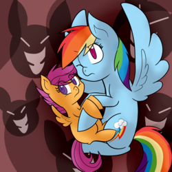 Size: 1600x1600 | Tagged: safe, artist:mayaliicious, rainbow dash, scootaloo, g4, holding hooves, protecting
