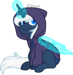 Size: 635x652 | Tagged: safe, artist:sinamuna, oc, oc only, oc:calliope, pony, unicorn, au:equuis, artificial wings, augmented, blue eyes, blue fur, clothes, female, glowing horn, hoodie, horn, magic, magic wings, sitting, solo, white hair, wings