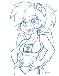 Size: 2550x3300 | Tagged: safe, artist:latecustomer, rainbow dash, pegasus, anthro, g4, abs, belly button, breasts, clothes, cute, dashabetes, female, high res, monochrome, simple background, sketch, smiling, solo, sports bra, white background