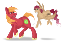 Size: 1280x854 | Tagged: safe, artist:chakraxx, big macintosh, oc, oc:melody shy, earth pony, pony, g4, duo, father and daughter, female, filly, flying, flying lesson, freckles, male, missing accessory, offspring, parent:big macintosh, parent:fluttershy, parents:fluttermac, simple background, stallion, transparent background, unshorn fetlocks