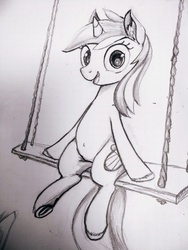 Size: 3000x4000 | Tagged: safe, artist:ponsce, lyra heartstrings, pony, g4, belly, belly button, female, meme, monochrome, sitting, sitting lyra, solo, swing, traditional art