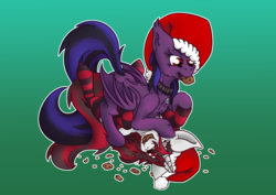 Size: 2631x1860 | Tagged: safe, artist:php192, oc, oc:blackjack, oc:vampy, bat pony, pony, fallout equestria, fallout equestria: project horizons, bat wings, christmas, clothes, collar, commission, cookie, crumbs, female, fight, food, hat, holiday, pinned, playing, sharp teeth, smiling, socks, striped socks, teeth, wings