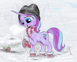 Size: 1071x857 | Tagged: safe, artist:t72b, derpibooru exclusive, starlight glimmer, pony, unicorn, g4, alternate hairstyle, boots, clothes, female, fog, hat, raised hoof, scarf, shoes, smiling, snow, solo, traditional art, tree, winter