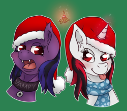 Size: 3200x2800 | Tagged: safe, artist:thexiiilightning, oc, oc only, oc:blackjack, oc:vampy, bat pony, pony, unicorn, fallout equestria, fallout equestria: project horizons, bat pony oc, blushing, bust, christmas, clothes, collar, commission, couplee, fangs, female, hat, high res, holiday, magic, mistletoe, open mouth, santa hat, scarf, sharp teeth, teeth, tongue out