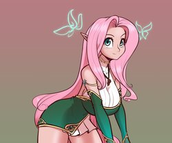 Size: 2176x1800 | Tagged: safe, artist:scorpdk, fluttershy, elf, human, anime, big breasts, breasts, busty fluttershy, clothes, elf ears, female, gradient background, humanized, jewelry, looking at you, necklace, simple background, smiling, solo