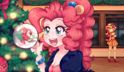 Size: 2400x1400 | Tagged: safe, artist:lucy-tan, pinkie pie, sunset shimmer, human, pony, equestria girls, g4, breasts, christmas, christmas tree, cleavage, clothes, cute, diapinkes, holiday, human paradox, human ponidox, open mouth, self paradox, self ponidox, shimmerbetes, tree