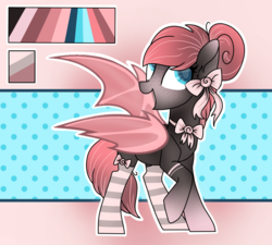 Size: 1500x1350 | Tagged: safe, artist:irennecalder, oc, oc only, oc:dark raspberries, bat pony, pony, abstract background, bat pony oc, bow, bowtie, clothes, commission, female, freckles, hair bun, mare, open mouth, raised hoof, reference sheet, socks, solo, stockings, striped socks, thigh highs