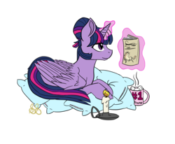 Size: 1700x1400 | Tagged: safe, artist:scribblescribe, twilight sparkle, alicorn, pony, g4, book, candle, female, flat colors, mug, pillow, simple background, solo, transparent background, twilight sparkle (alicorn)
