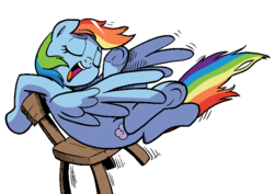 Size: 820x580 | Tagged: safe, artist:pencils, idw, rainbow dash, pegasus, pony, g4, spoiler:comic, spoiler:comic70, background removed, chair, cropped, eyes closed, female, mare, simple background, solo, transparent background, underhoof