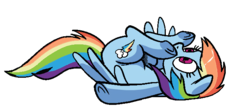 Size: 680x300 | Tagged: safe, artist:pencils, idw, rainbow dash, pegasus, pony, g4, spoiler:comic, spoiler:comic70, background removed, cropped, female, mare, on back, simple background, solo, transparent background, underhoof