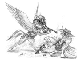 Size: 1400x1088 | Tagged: safe, artist:baron engel, oc, oc only, oc:squall, pegasus, pony, unicorn, aiming, belly, bipedal, bowler hat, carbine, clothes, ergonomics, female, grayscale, gun, hat, mare, monochrome, pencil drawing, poncho, ribcage, simple background, spread wings, story included, traditional art, weapon, wings