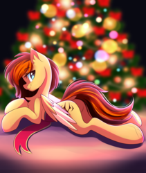 Size: 3511x4166 | Tagged: safe, artist:airiniblock, oc, oc only, oc:aerion featherquill, pegasus, pony, rcf community, blurry background, butt, christmas, christmas tree, commission, dock, female, high res, holiday, looking back, mare, plot, prone, smiling, solo, tail, tree, ych result