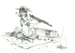 Size: 1500x1068 | Tagged: safe, artist:baron engel, oc, oc only, oc:long shot, pony, belly, blanket, female, fire, grayscale, gun, gun barrel, gun cleaning, hat, hoof hold, mare, monochrome, pencil drawing, ribcage, scope, simple background, solo, story included, traditional art, weapon, white background