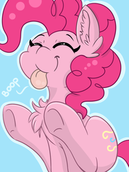 Size: 1200x1600 | Tagged: safe, artist:meowmavi, pinkie pie, earth pony, pony, g4, :p, :t, blue background, boop, chest fluff, cute, diapinkes, ear fluff, eyes closed, female, jumping, mare, mlem, ponk, silly, silly pony, simple background, solo, text, tongue out, underhoof, weapons-grade cute