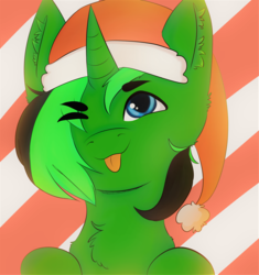 Size: 6667x7083 | Tagged: safe, pony, absurd resolution, bust, chest fluff, christmas, commission, hat, holiday, portrait, santa hat, solo, tongue out