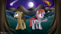 Size: 5775x3252 | Tagged: safe, artist:raspberrystudios, doctor whooves, time turner, oc, pony, g4, bush, doctor who, evil eyes, excited, mare in the moon, memories of blue, moon, pointing, scared, scenery, shooting star, tardis, town, tree