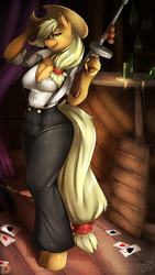 Size: 2626x4669 | Tagged: safe, artist:tatara94, applejack, earth pony, anthro, unguligrade anthro, g4, alcohol, applejack's hat, big breasts, breasts, busty applejack, card, cleavage, clothes, commission, cowboy hat, female, freckles, gangster, hair over one eye, hat, looking at you, mare, pants, pose, smiling, solo, stetson, tommy gun, weapon