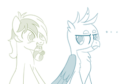 Size: 1280x862 | Tagged: safe, artist:sintakhra, gallus, sandbar, earth pony, griffon, pony, tumblr:studentsix, g4, ..., chest fluff, cute, duo, gallus is not amused, looking at each other, male, mouth hold, not what it looks like, offering, sandabetes, simple background, sock, unamused, white background
