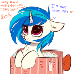 Size: 3000x3000 | Tagged: safe, artist:pesty_skillengton, dj pon-3, vinyl scratch, pony, g4, box, commission, cute, daaaaaaaaaaaw, female, heart eyes, high res, new year, pesty's little gift, pony in a box, slots, solo, vinylbetes, wingding eyes, ych example, your character here