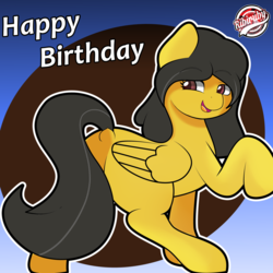 Size: 1280x1280 | Tagged: safe, artist:ribiruby, oc, oc only, oc:dany melody, pegasus, pony, abstract background, dock, female, happy birthday, looking back, mare, open mouth, raised hoof, smiling, solo