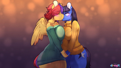 Size: 3110x1750 | Tagged: safe, artist:dragk, oc, oc only, oc:berry slice, oc:mint petal, pegasus, unicorn, anthro, big breasts, blushing, bottomless, breast squish, breasts, clothes, cutie mark, female, glasses, grabbing, holding hands, kissing, lesbian, oc x oc, partial nudity, shipping, sweater, symmetrical docking, wallpaper, wings