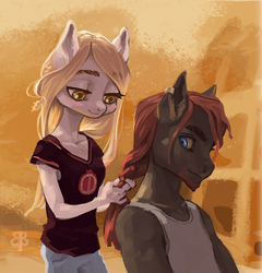Size: 834x868 | Tagged: safe, artist:brazhnik, oc, oc only, anthro, backlighting, beard, blushing, braid, braiding, clothes, duo, ear piercing, earring, facial hair, female, food, hair, jeans, jewelry, long hair, looking at something, looking back, male, mane, pants, piercing, shirt, t-shirt, vest, wheat