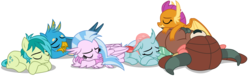 Size: 21860x6716 | Tagged: safe, artist:ejlightning007arts, gallus, ocellus, sandbar, silverstream, smolder, yona, changedling, changeling, classical hippogriff, dragon, earth pony, griffon, hippogriff, pony, yak, g4, what lies beneath, absurd resolution, dragoness, eyes closed, female, group, male, simple background, sleeping, student six, transparent background, vector