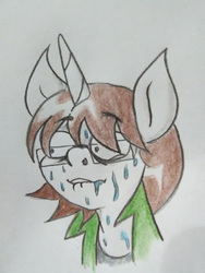 Size: 420x560 | Tagged: safe, artist:paper view of butts, oc, oc:paper butt, pony, unicorn, clothes, colored, glasses, horn, jacket, sweat, traditional art