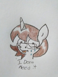 Size: 420x560 | Tagged: safe, artist:paper view of butts, oc, oc:paper butt, pony, unicorn, colored, dialogue, glasses, horn, i don't need it, spongebob squarepants, sweat, tea at the treedome, tongue out, traditional art