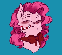 Size: 2800x2500 | Tagged: safe, artist:artmadebyred, pinkie pie, earth pony, pony, g4, blue background, blush sticker, blushing, bow, bust, candy, candy cane, christmas, cute, diapinkes, eyes closed, female, food, high res, holiday, nom, simple background, solo