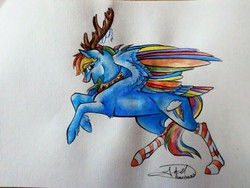 Size: 4320x3240 | Tagged: safe, artist:artmadebyred, rainbow dash, pony, g4, christmas, clothes, colored wings, female, high res, holiday, multicolored wings, rearing, reindeer dash, rudolph dash, rudolph nose, signature, socks, solo, striped socks, traditional art