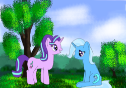 Size: 910x640 | Tagged: safe, artist:platinumdrop, starlight glimmer, trixie, pony, g4, cute, duo, flockmod, nature, sitting, sky, smiling, tree