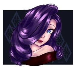 Size: 3000x3000 | Tagged: safe, artist:rigaft, rarity, human, g4, curly hair, cutie mark background, hair covering face, high res, humanized, lipstick, looking at you