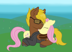 Size: 1250x910 | Tagged: safe, artist:scraggleman, fluttershy, oc, oc:late night, bat pony, pegasus, pony, g4, clothes, cuddling, eyes closed, glasses, sweater, unshorn fetlocks