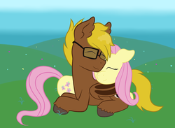 Size: 1245x910 | Tagged: safe, artist:scraggleman, fluttershy, oc, oc:late night, bat pony, pegasus, pony, g4, cuddling, eyes closed, glasses, unshorn fetlocks