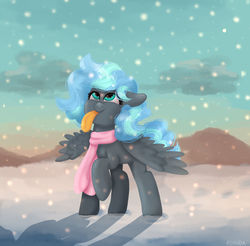 Size: 1024x1008 | Tagged: safe, artist:ashidaii, oc, oc only, oc:floral rift, pegasus, pony, clothes, female, filly, scarf, snow, solo, tongue out