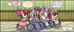 Size: 512x225 | Tagged: safe, artist:agnesgarbowska, edit, idw, apple bloom, scootaloo, sweetie belle, earth pony, pegasus, pony, unicorn, g4, comic, cutie mark crusaders, female, filly, text edit, wheelchair