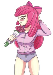 Size: 2077x2952 | Tagged: safe, artist:sumin6301 edits, edit, apple bloom, equestria girls, g4, blushing, bouquet, breasts, busty apple bloom, clothes, female, flower, high res, older, older apple bloom, rose, shorts, simple background, solo, white background