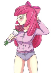 Size: 2077x2952 | Tagged: safe, artist:sumin6301 edits, edit, apple bloom, human, equestria girls, g4, blushing, bouquet, breasts, busty apple bloom, clothes, female, flower, high res, humanized, older, older apple bloom, rose, shorts, simple background, solo, white background