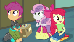 Size: 1280x720 | Tagged: safe, screencap, apple bloom, scootaloo, sweetie belle, equestria girls, g4, happily ever after party, happily ever after party: applejack, my little pony equestria girls: better together, boots, clothes, cutie mark crusaders, cyoa, jeans, open mouth, pants, shoes, shorts, skirt