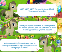 Size: 950x810 | Tagged: safe, gameloft, doctor whooves, fizzle, time turner, earth pony, pony, g4, cropped, dialogue, element of honesty, game screencap, magnet, male, royal guard, speech bubble, stallion, tutorial