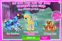 Size: 1037x686 | Tagged: safe, gameloft, windstorm, pegasus, pony, g4, my little pony: magic princess, advertisement, armor, costs real money, female, game screencap, guard, guardsmare, introduction card, lucky coin, mare, royal guard, sale