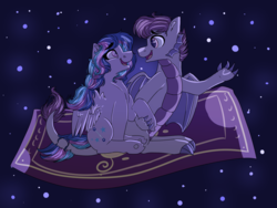 Size: 2048x1536 | Tagged: safe, artist:kindheart525, artist:nightlyartemis, oc, oc only, oc:lunar gauntlet, oc:pandemonium, pony, kindverse, female, looking at each other, magic carpet, magical lesbian spawn, male, offspring, offspring's offspring, parent:oc:bedlam, parent:oc:burgeon flare, parent:oc:firefly, parent:oc:galaxy guard, straight