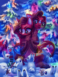 Size: 1024x1348 | Tagged: dead source, safe, artist:holivi, oc, oc only, pony, rabbit, candy, candy cane, christmas, commission, conjoined, conjoined twins, cookie, cute, food, holiday, mouth hold, multiple heads, sitting, snow, two heads, winter
