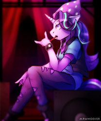 Size: 500x600 | Tagged: safe, artist:lostdreamm, starlight glimmer, unicorn, anthro, plantigrade anthro, equestria girls, equestria girls specials, g4, my little pony equestria girls: mirror magic, beanie, breasts, cleavage, clothes, equestria girls outfit, female, food, hat, pocky, ripped pants, shirt, sitting, solo, vest