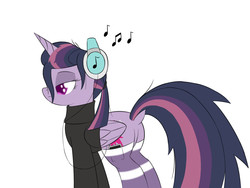 Size: 1440x1080 | Tagged: safe, artist:ideltavelocity, mean twilight sparkle, alicorn, pony, g4, the mean 6, alternate hairstyle, butt, clone, clothes, dock, female, headphones, mare, music notes, plot, simple background, socks, solo, sweater