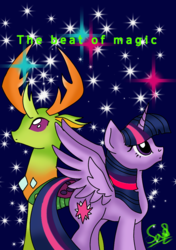 Size: 800x1136 | Tagged: safe, artist:hanayuri-chan, thorax, twilight sparkle, alicorn, changedling, changeling, pony, fanfic:the beat of magic, g4, antlers, cover art, fanfic art, female, king thorax, male, shipping, straight, text, twilight sparkle (alicorn), twirax